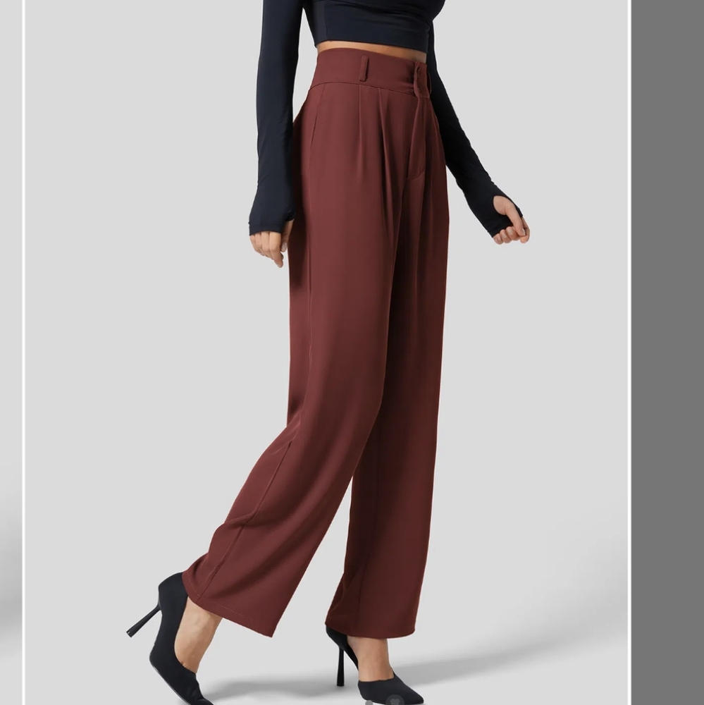 High Waisted Button Zipper Side Pocket Shirred Straight Leg Work Pants(regular)